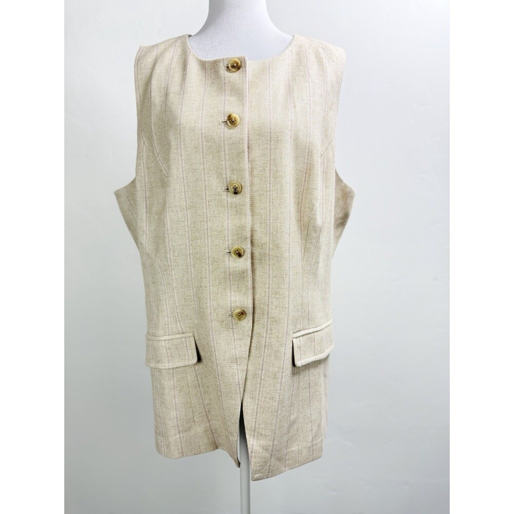Banana Republic Sleeveless Longline Vest Women XL Beige Striped Button Front NWT